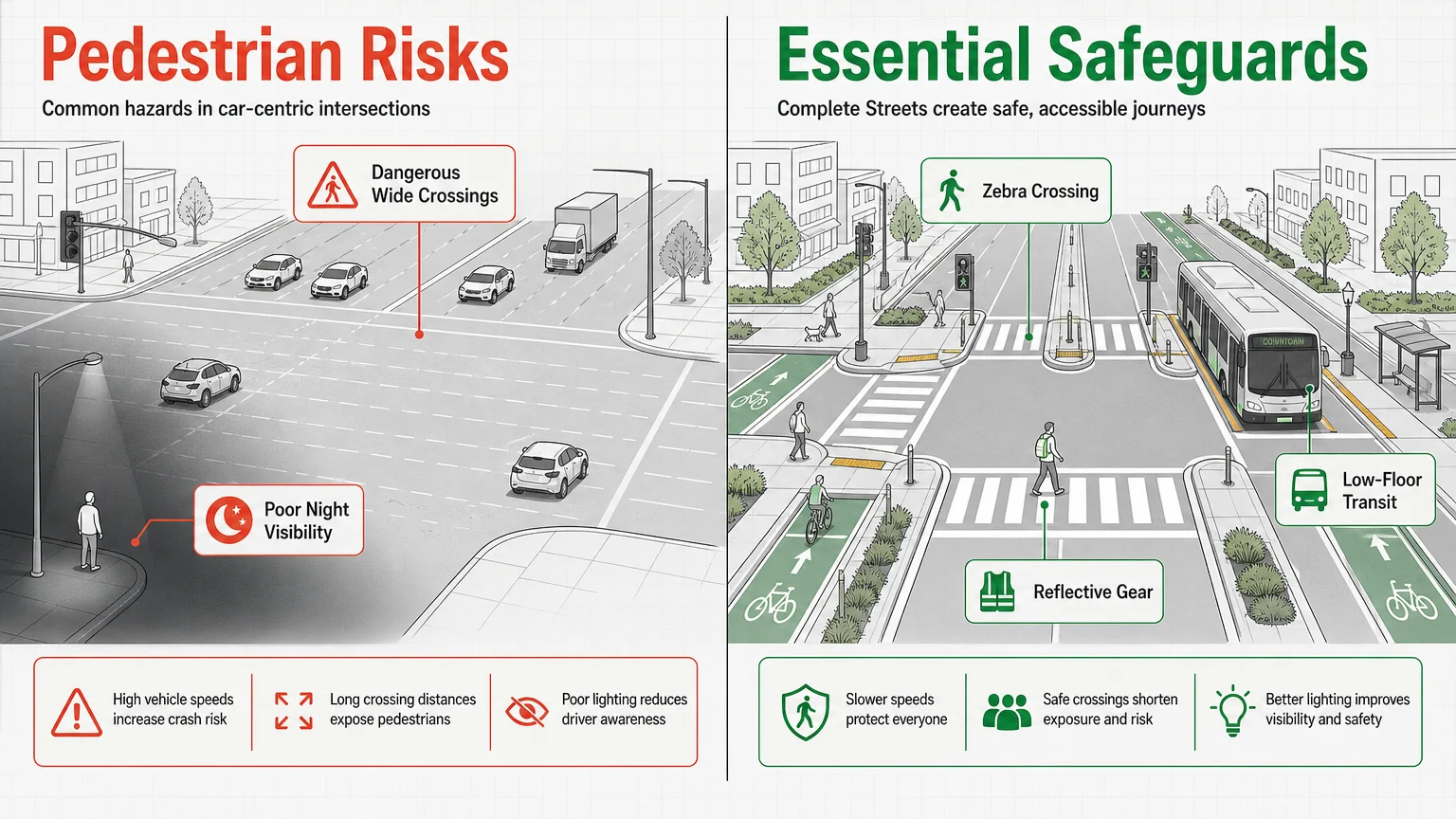 A split-screen comparison diagram showing pedestrian risks like wide crossings versus safeguards like zebra crossings and reflective gear.