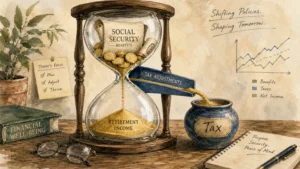 A stylized gouache editorial illustration of an hourglass with golden coins being gently diverted into a tax jar, symbolizing shifting Socia