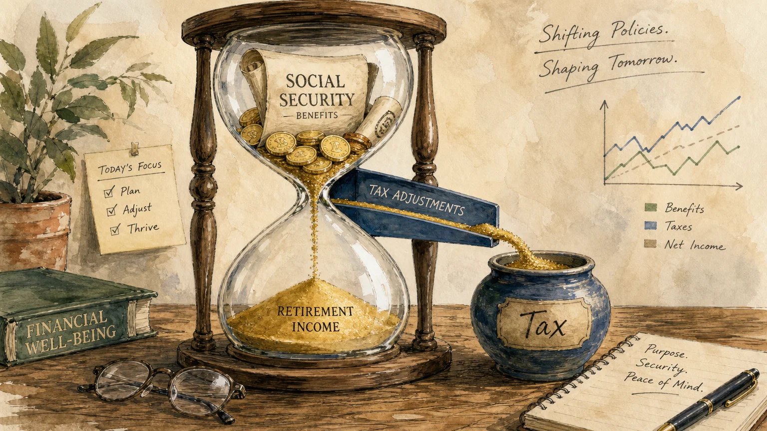 A stylized gouache editorial illustration of an hourglass with golden coins being gently diverted into a tax jar, symbolizing shifting Socia