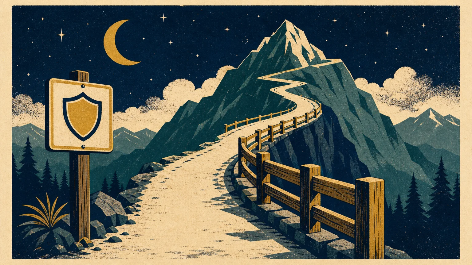 A stylized screenprint of a mountain path with a sturdy guardrail and shield signpost, representing safety and safeguards.