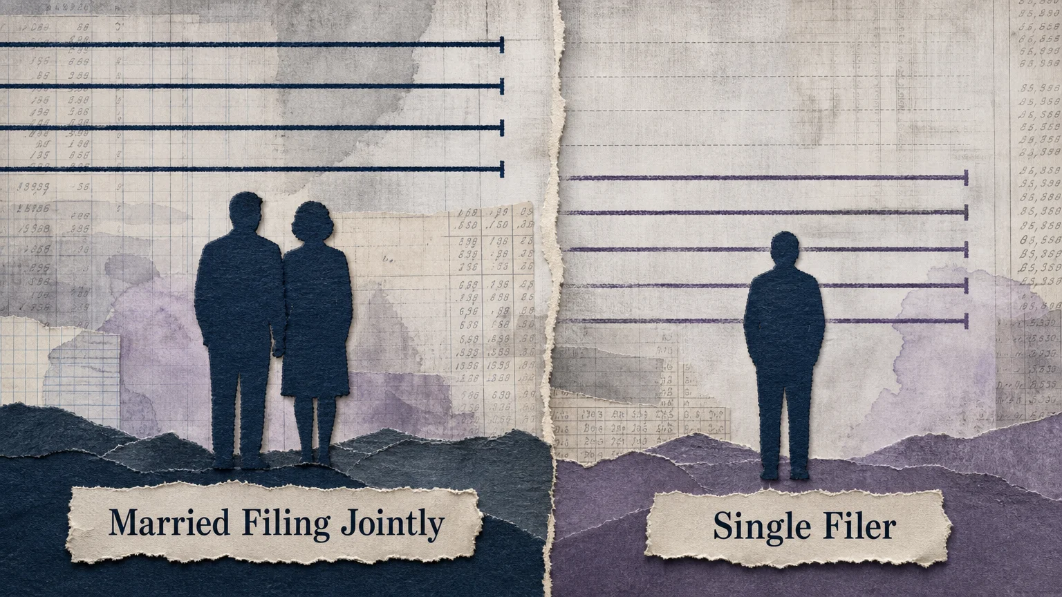 A symbolic collage showing the shift from joint filing to single filing status and its impact on tax brackets.