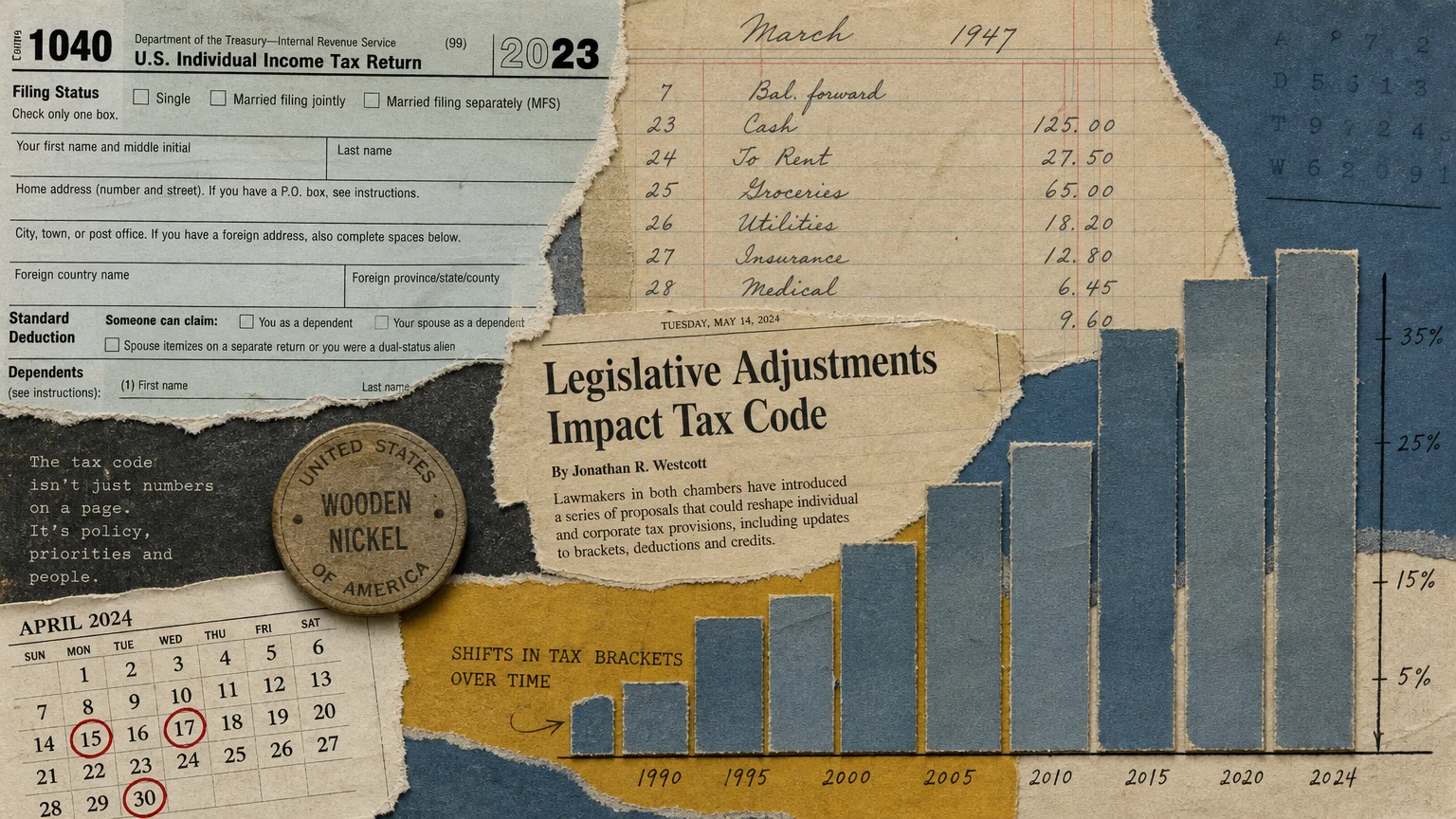A tactile collage of tax forms, ledger paper, and rising graphs representing changing retirement tax laws.