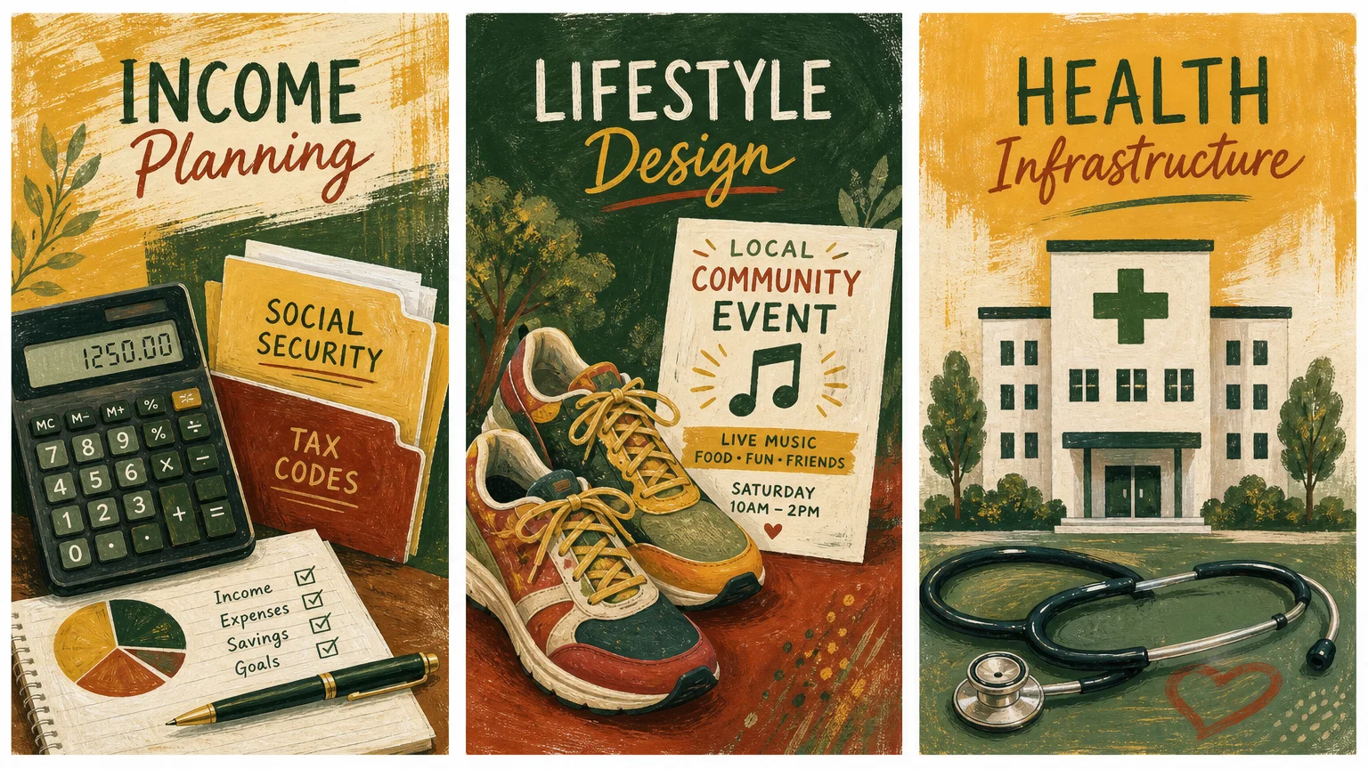 A three-part illustration depicting social security planning, an active lifestyle, and healthcare access.