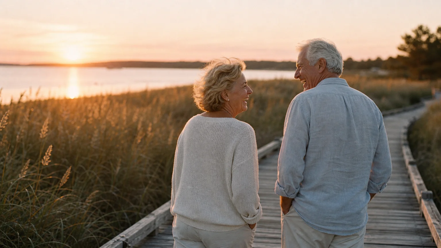 A warm 35mm film photograph of a retired couple walking along a coastal boardwalk at sunset, laughing together.