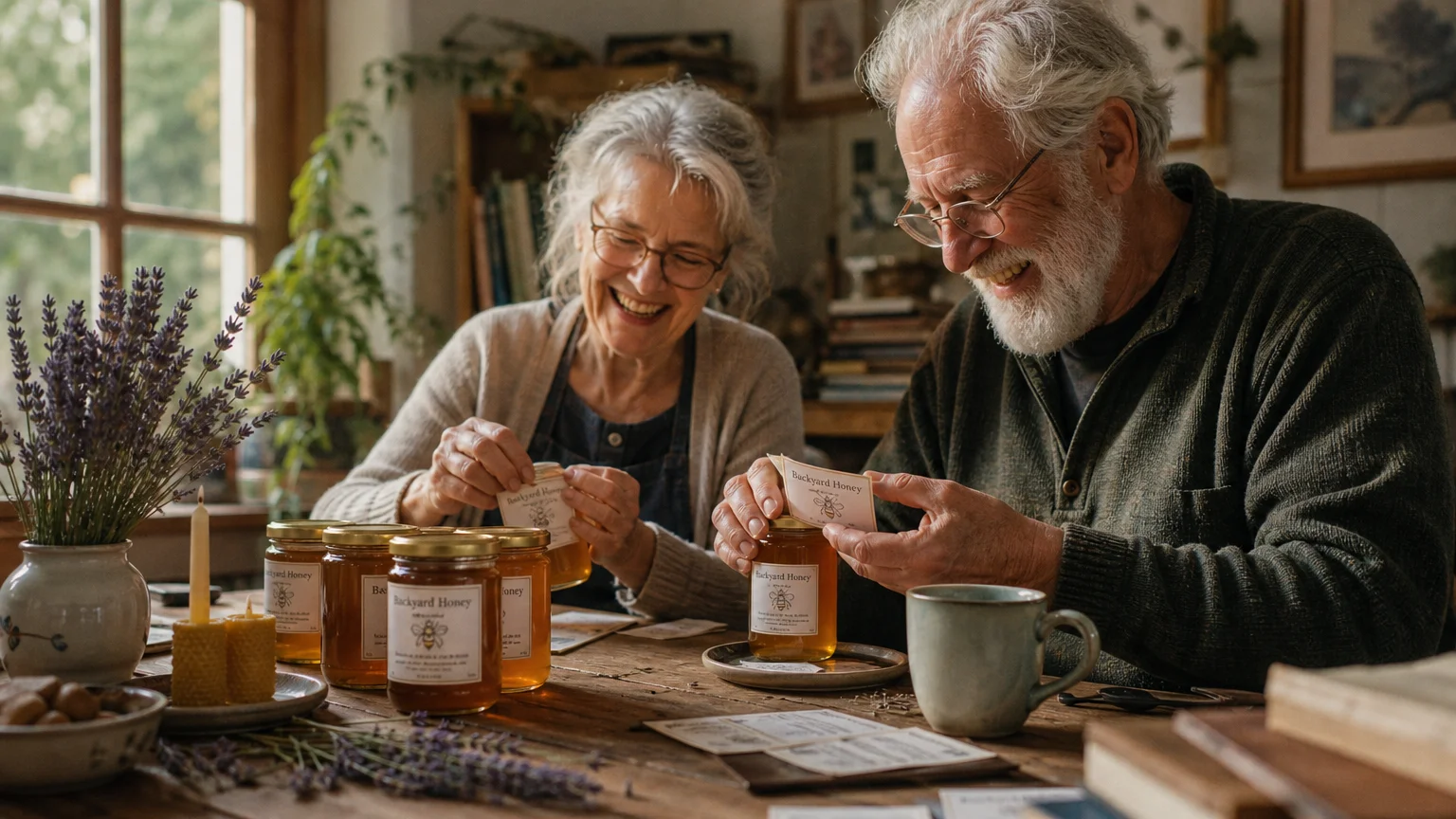 A warm, film-style photograph of a senior couple labeling jars of artisanal honey at their sunlit wooden kitchen table.