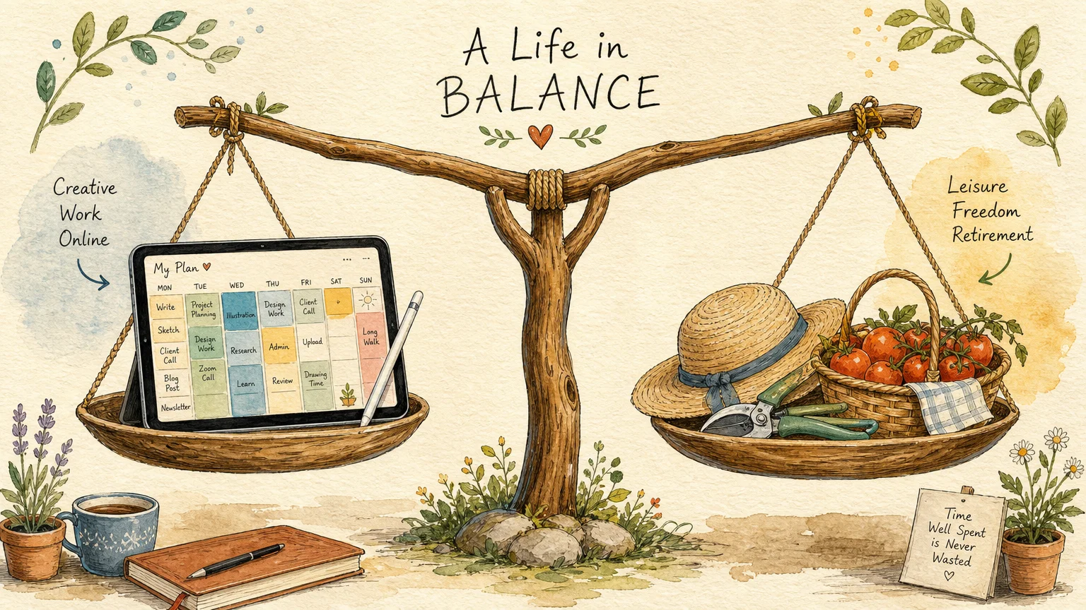 A warm gouache illustration depicting a balanced scale holding a digital tablet on one side and a gardening hat and basket on the other.