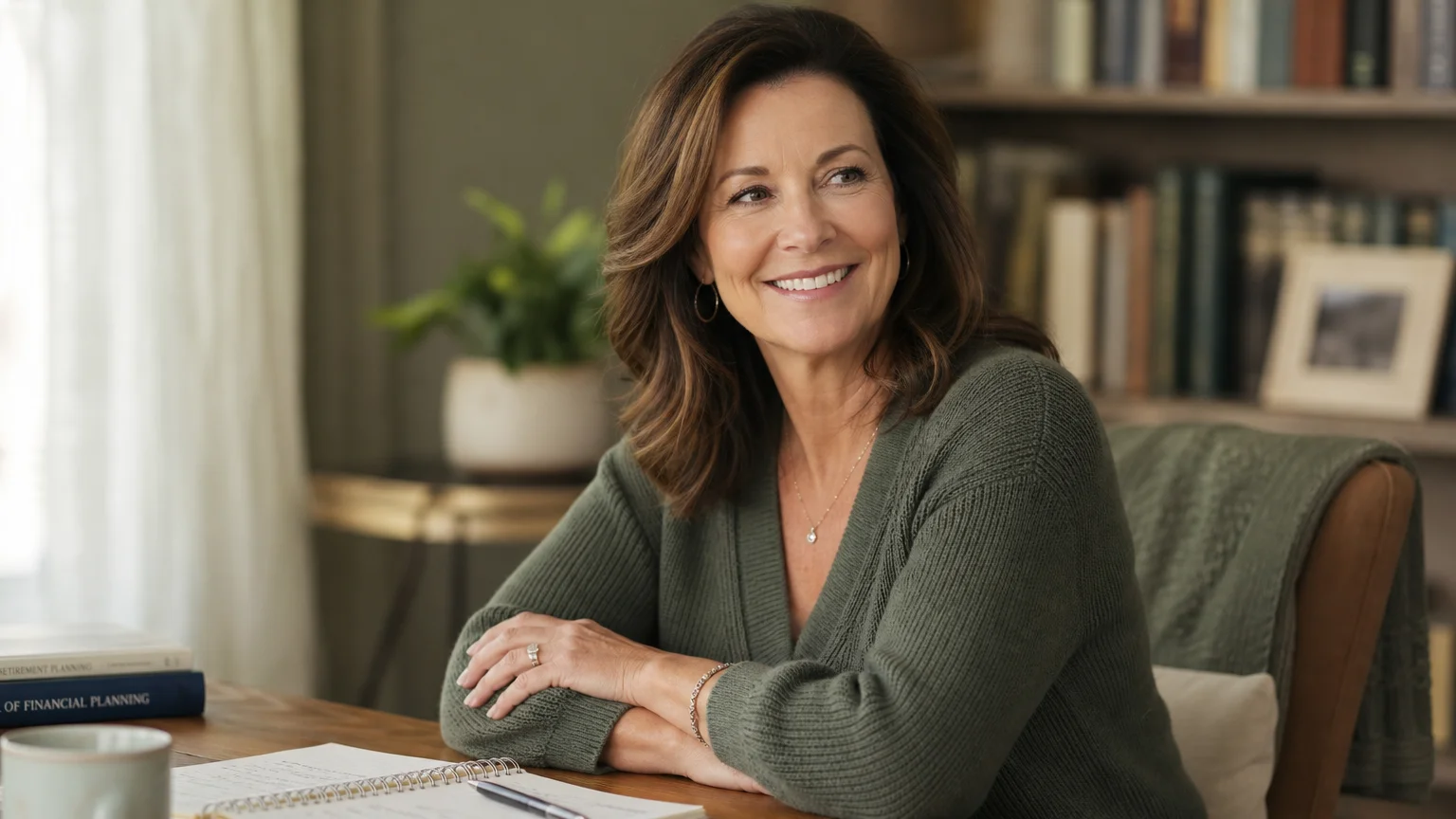 A warm, natural portrait of a female financial advisor in her home office, smiling thoughtfully.