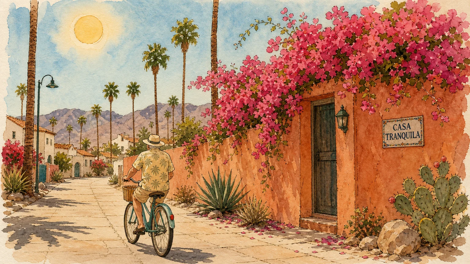 A warm watercolor illustration of a person riding a bicycle down a sun-drenched street lined with palm trees.