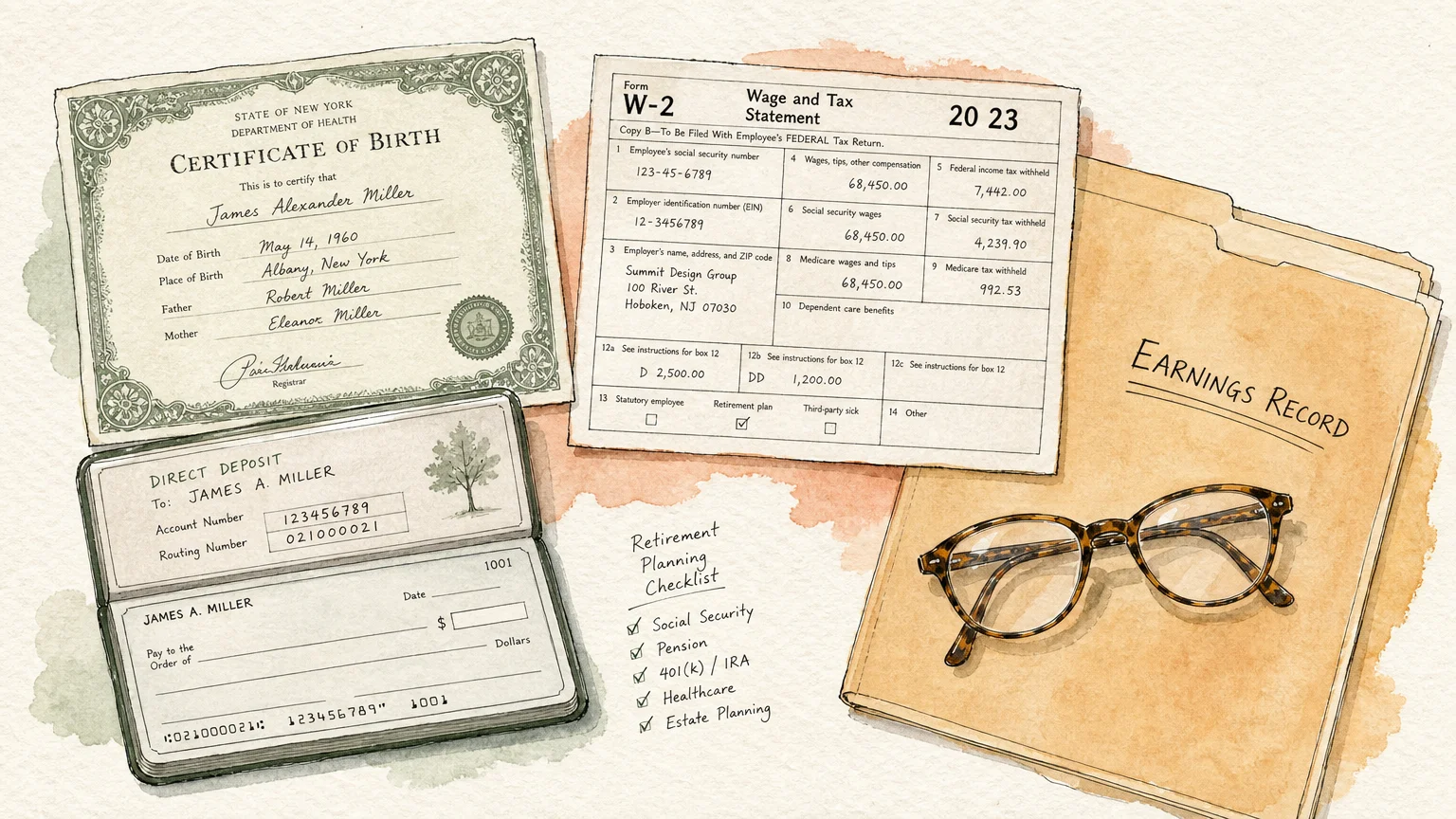 A warm watercolor illustration of organized papers, a birth certificate, W-2 forms, and reading glasses on a desk.