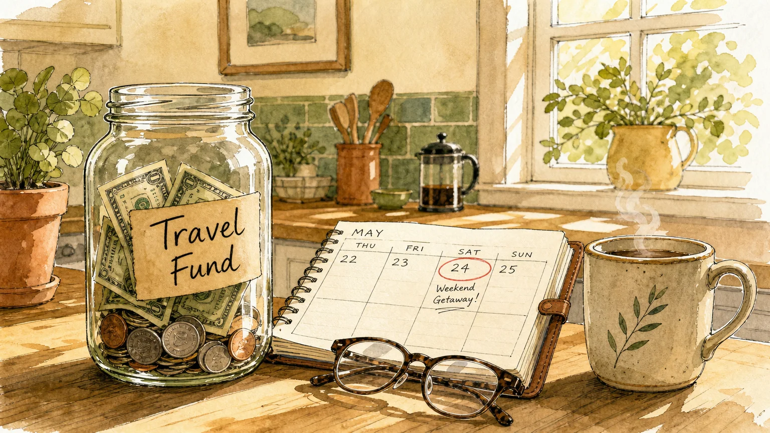 A watercolor illustration of a kitchen counter featuring a 'Travel Fund' glass jar, a calendar, and a warm cup of coffee.