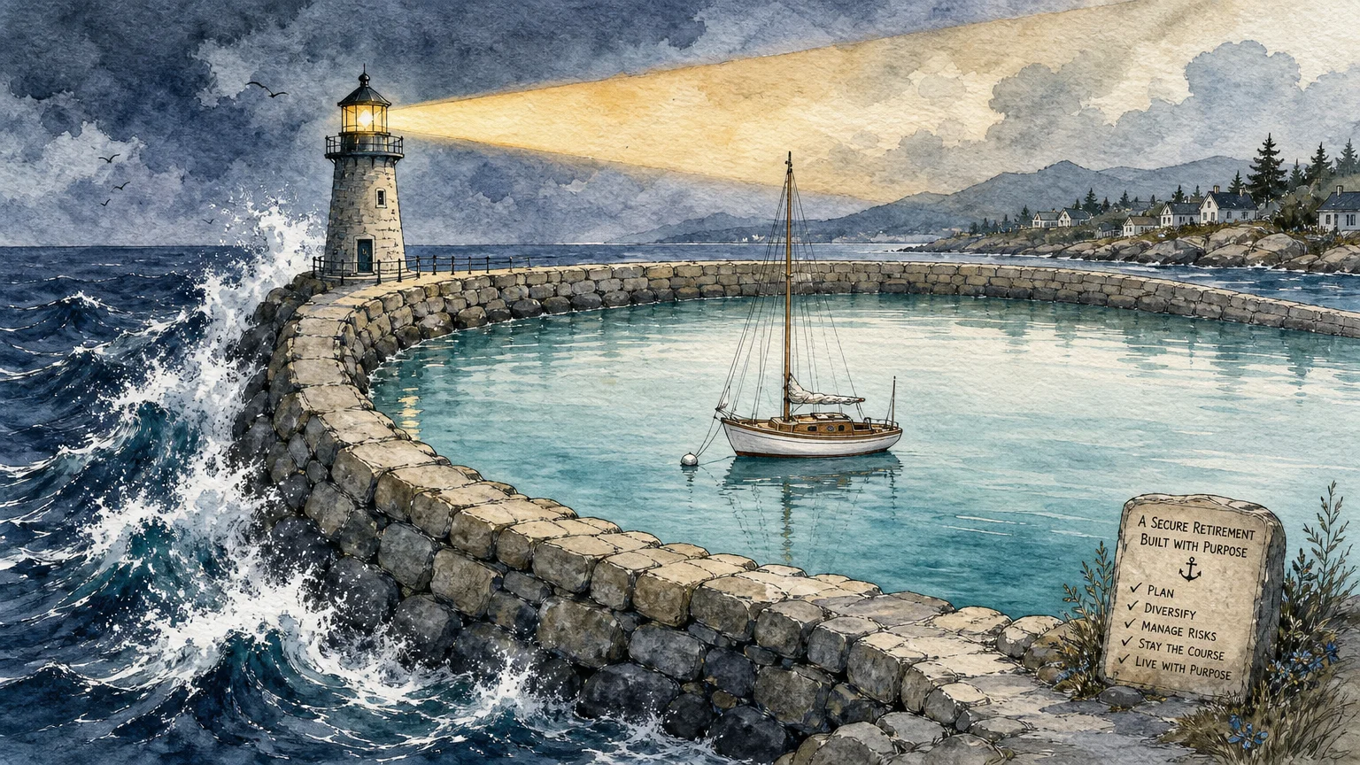A watercolor illustration of a sailboat floating safely inside a stone harbor breakwater while waves crash outside.