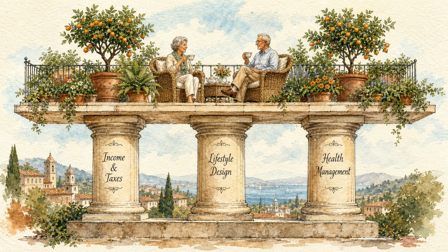 A watercolor illustration of three stone pillars labeled Income, Lifestyle, and Health supporting a lush garden terrace.