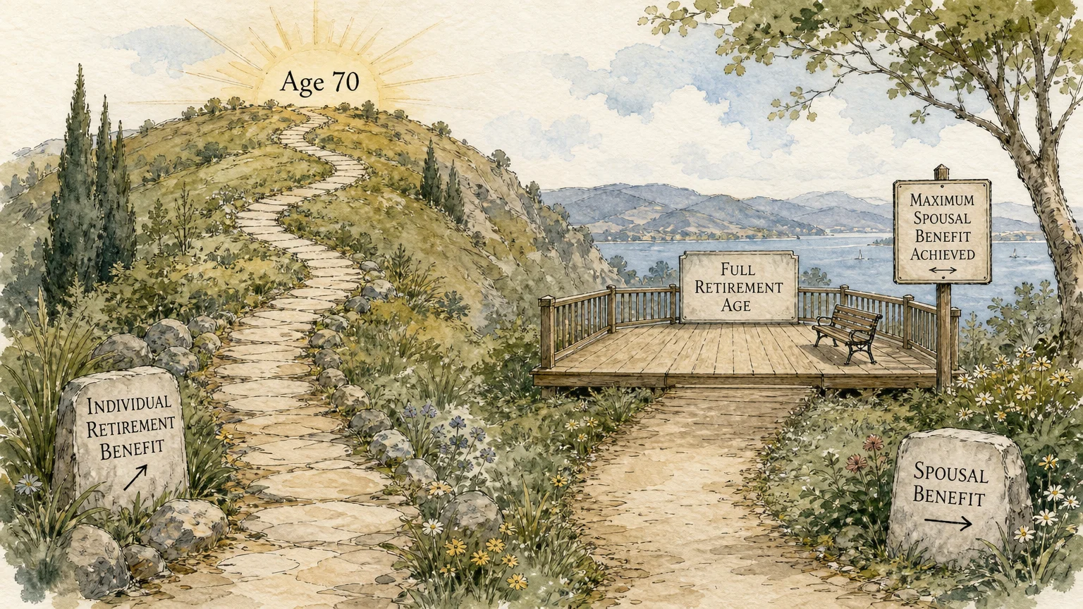 A watercolor illustration of two paths, demonstrating how individual benefits grow until age 70 while spousal benefits cap at full retiremen