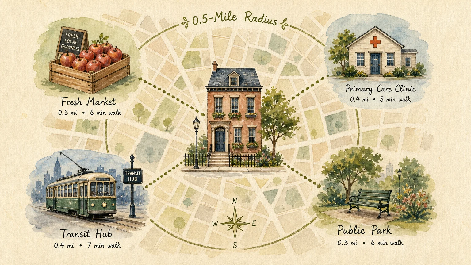 A watercolor map illustration showing a central home with key amenities like a market and clinic located within a half-mile radius.
