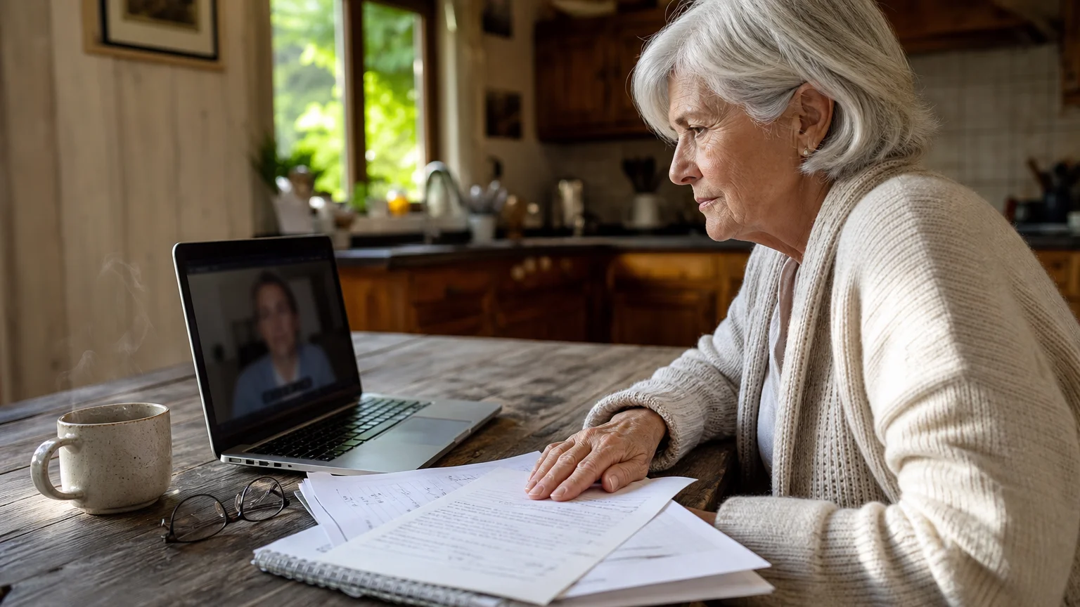A woman in a cozy home setting uses a laptop to consult with experts about her retirement relocation plans.