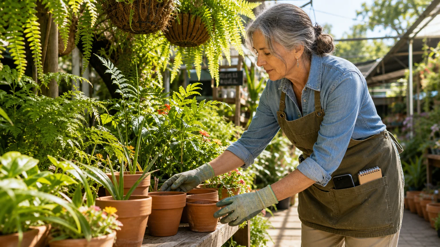 A woman in her 60s working part-time at a plant nursery, representing phased retirement and the earnings test.