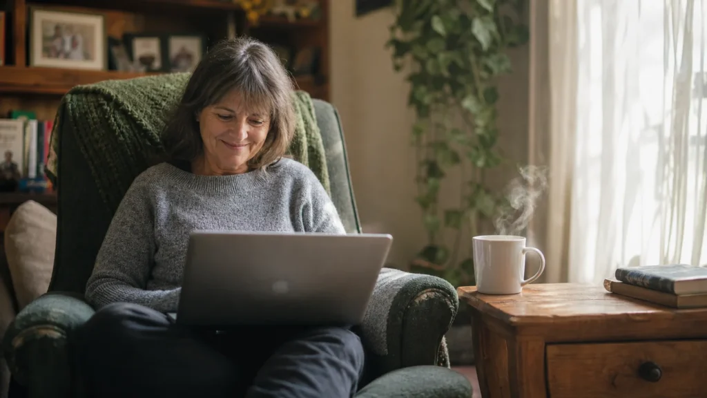 A woman in her early 60s smiles while looking at her laptop in a sun-drenched living room with a mug of coffee on a side table.