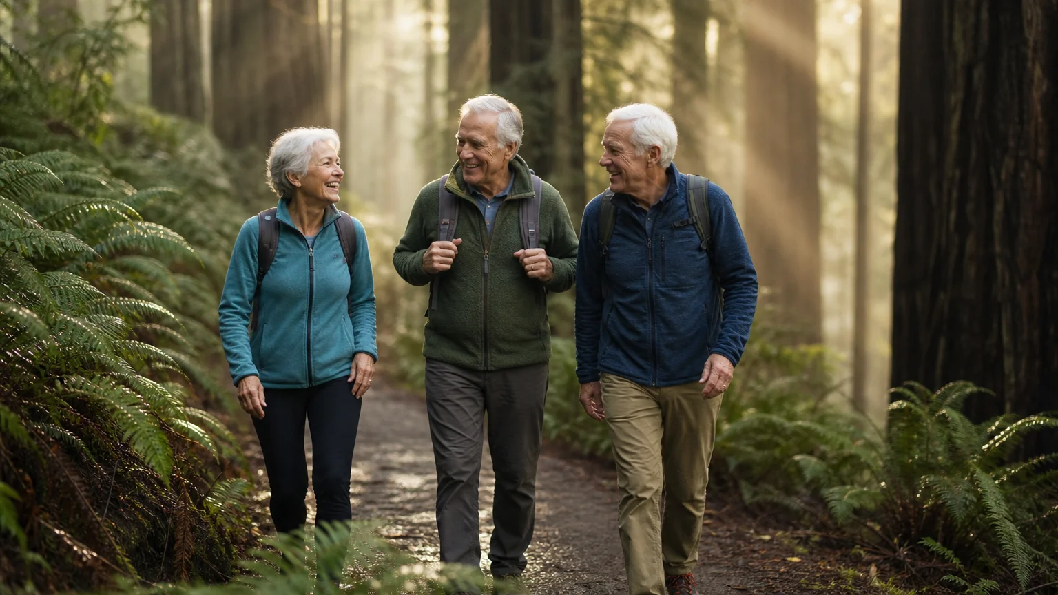 Active seniors hiking through a misty, sun-dappled redwood forest, laughing and staying healthy.