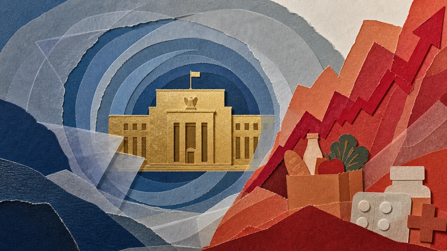 An abstract paper collage showing a central gold shape influencing rising red shapes, representing inflation and the Fed.
