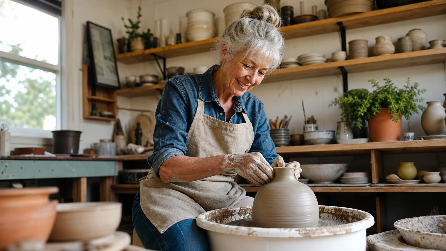 An active older woman shaping clay on a pottery wheel in her sunlit home studio, captured in a candid snapshot style.