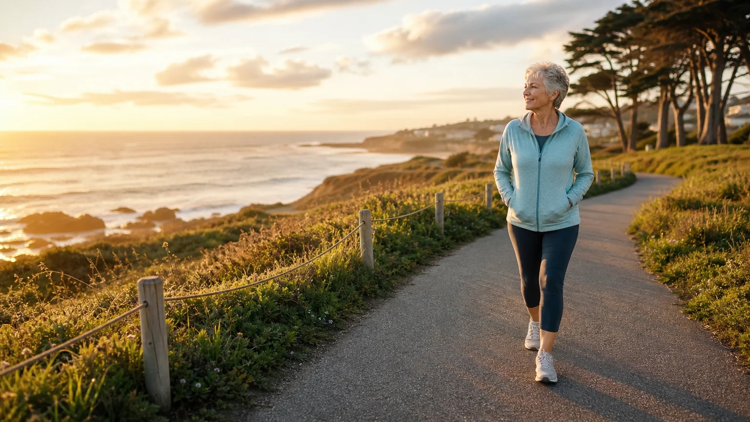 An active older woman walking along a scenic coastal path during a warm sunset, enjoying retirement health and wellness.