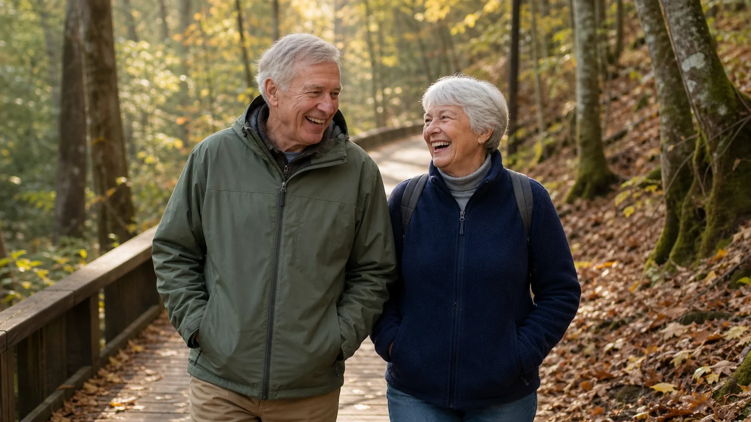An active retired couple walks along a sunny, flat wooden trail surrounded by autumn trees in the Smoky Mountains.