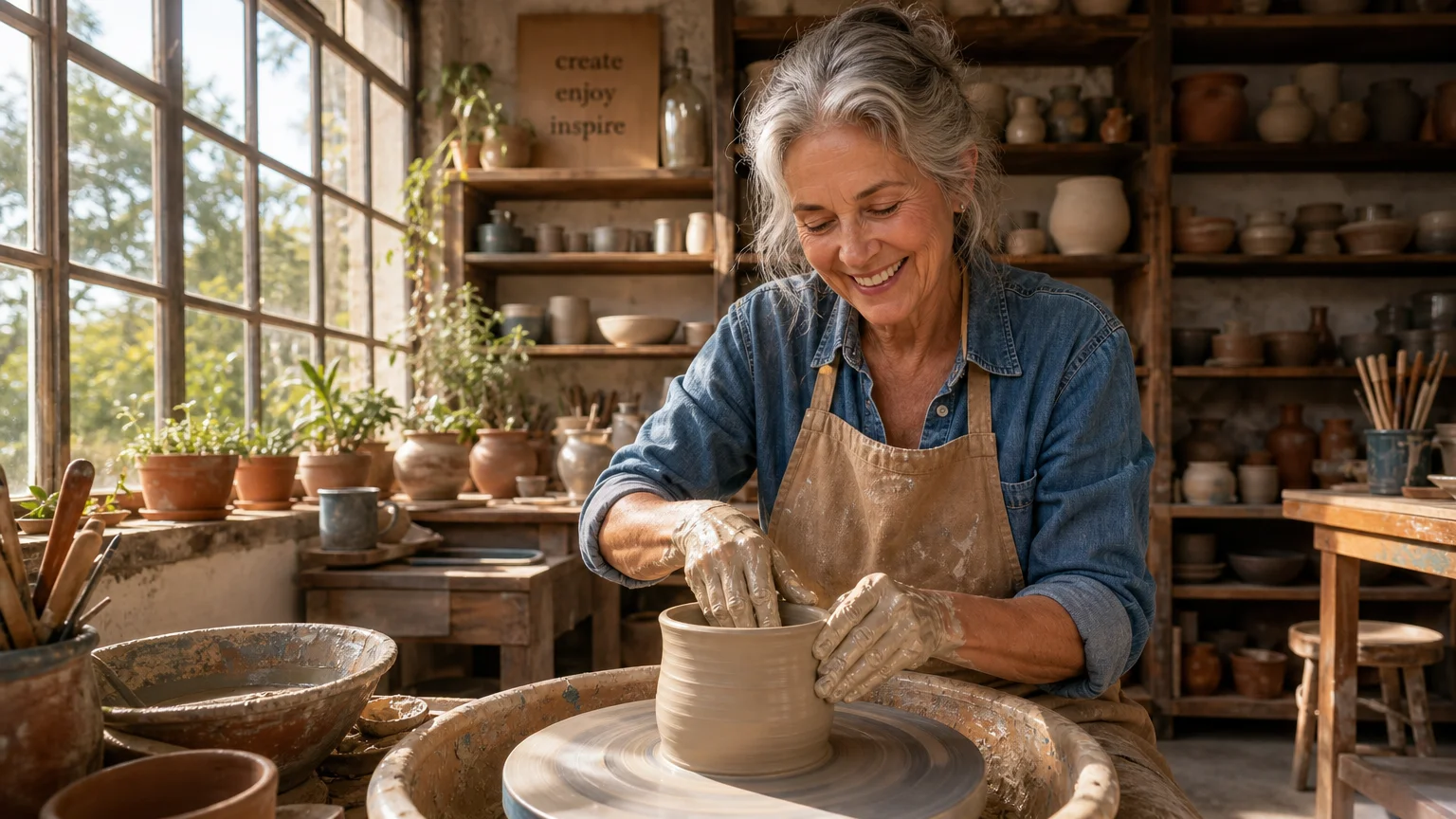 An active retired woman shapes a clay pot in her sunlit home workshop, demonstrating an engaging retirement lifestyle.