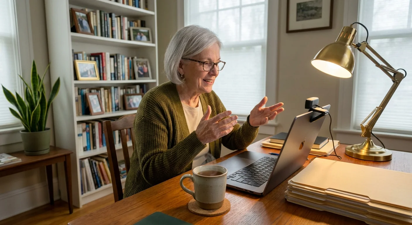 An active senior financial expert in a green cardigan gestures warmly while speaking during a video call from her cozy home library.