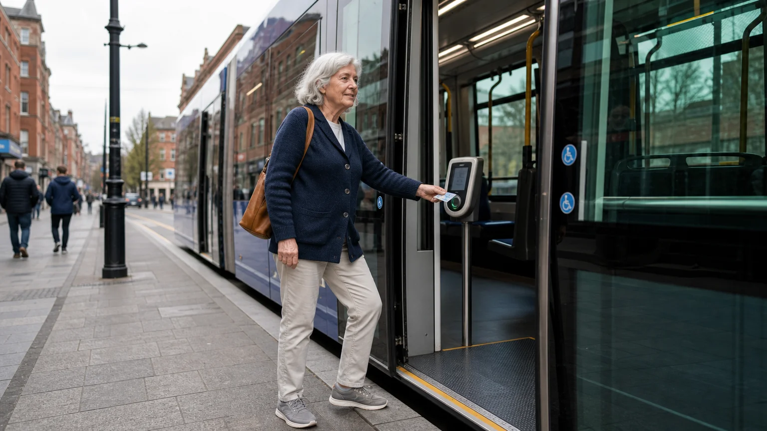 An active senior woman in casual clothes boarding a modern city tram on a bright, clean urban street.