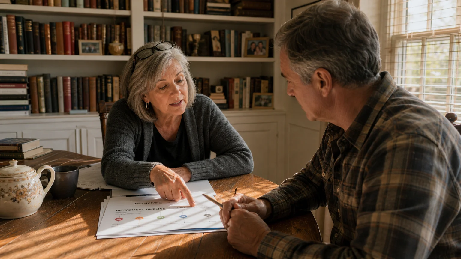 An advisor and a senior client in a cozy home library discussing a retirement timeline document over a wooden table.