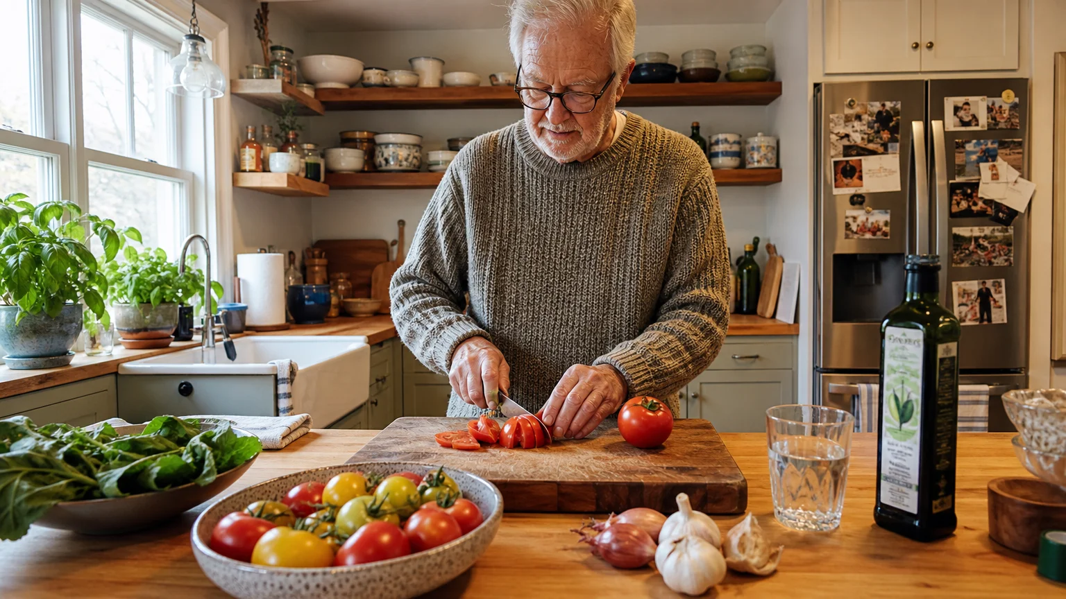 An authentic home photograph of a senior man preparing fresh vegetables in a bright, sunlit kitchen.