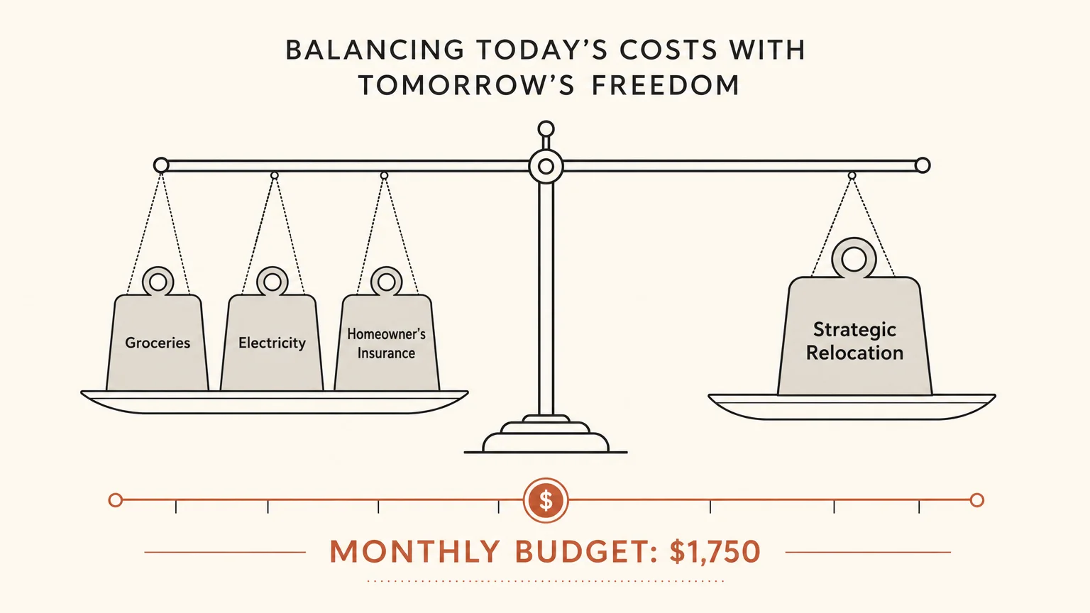 An editorial diagram showing rising costs balanced by strategic relocation on a $1,750 monthly budget.