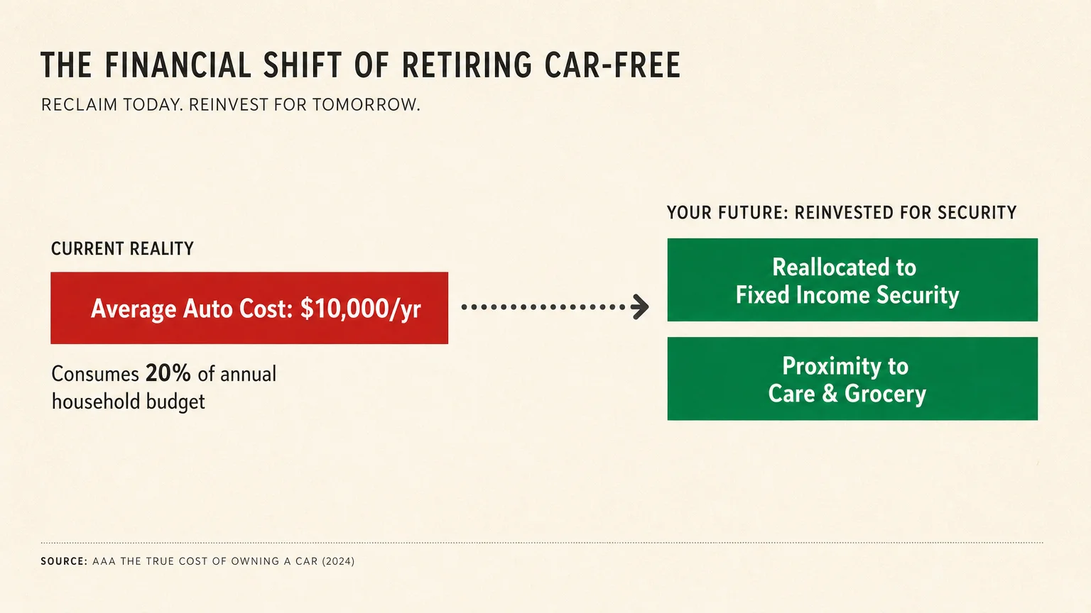 An editorial diagram showing the financial shift of saving ten thousand dollars a year by reallocating the transportation budget.