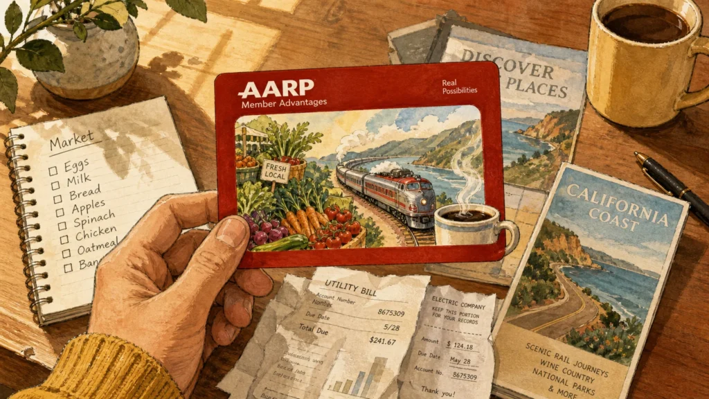 An editorial gouache illustration showing a stylized membership card transforming household bills into colorful lifestyle icons.