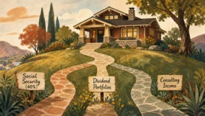 An editorial illustration of a house on a hill with three paths labeled Social Security, Dividend Portfolios, and Consulting Income.