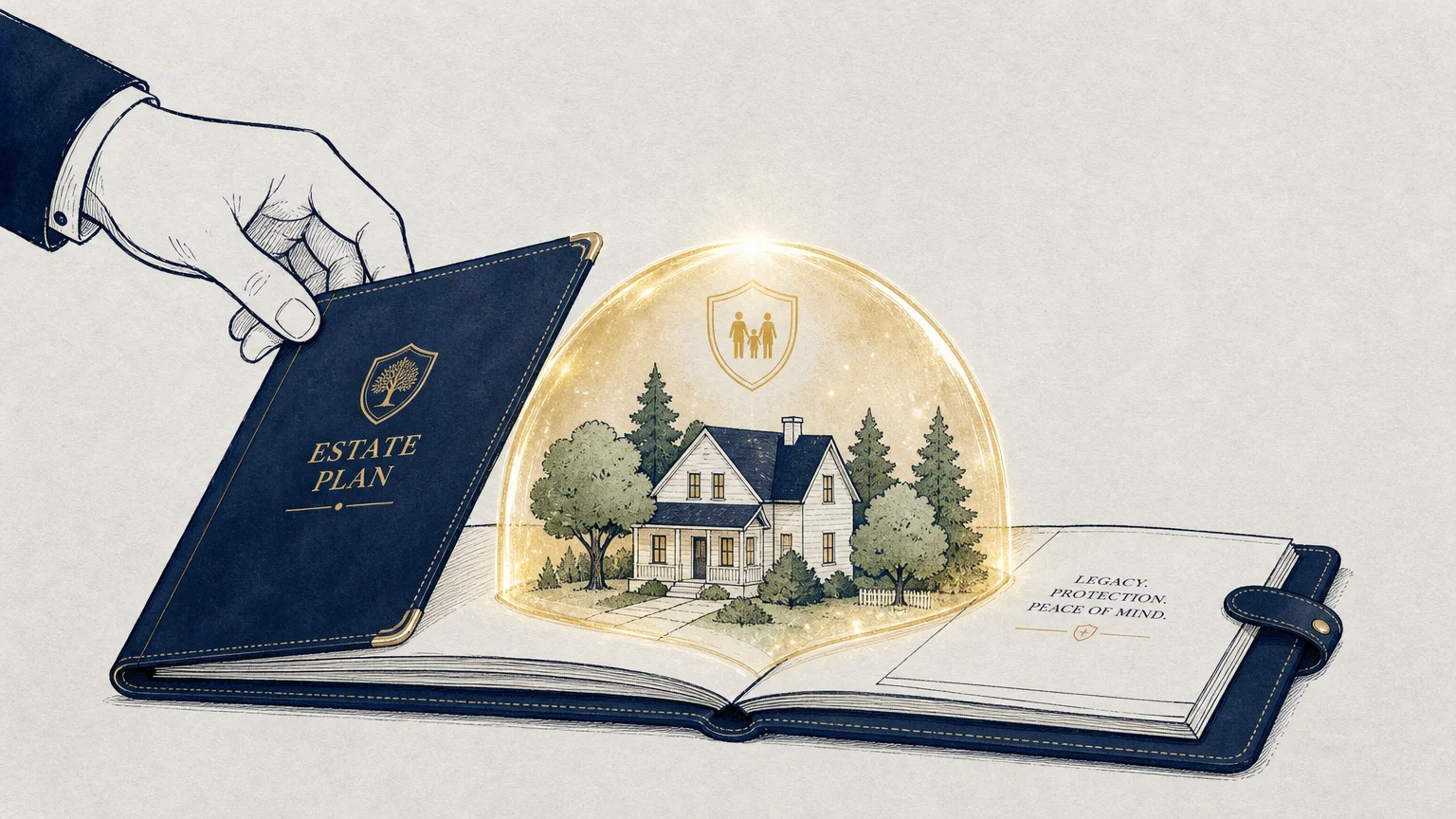 An editorial illustration of a protective golden shield rising from an estate planning book to protect a small paper house.