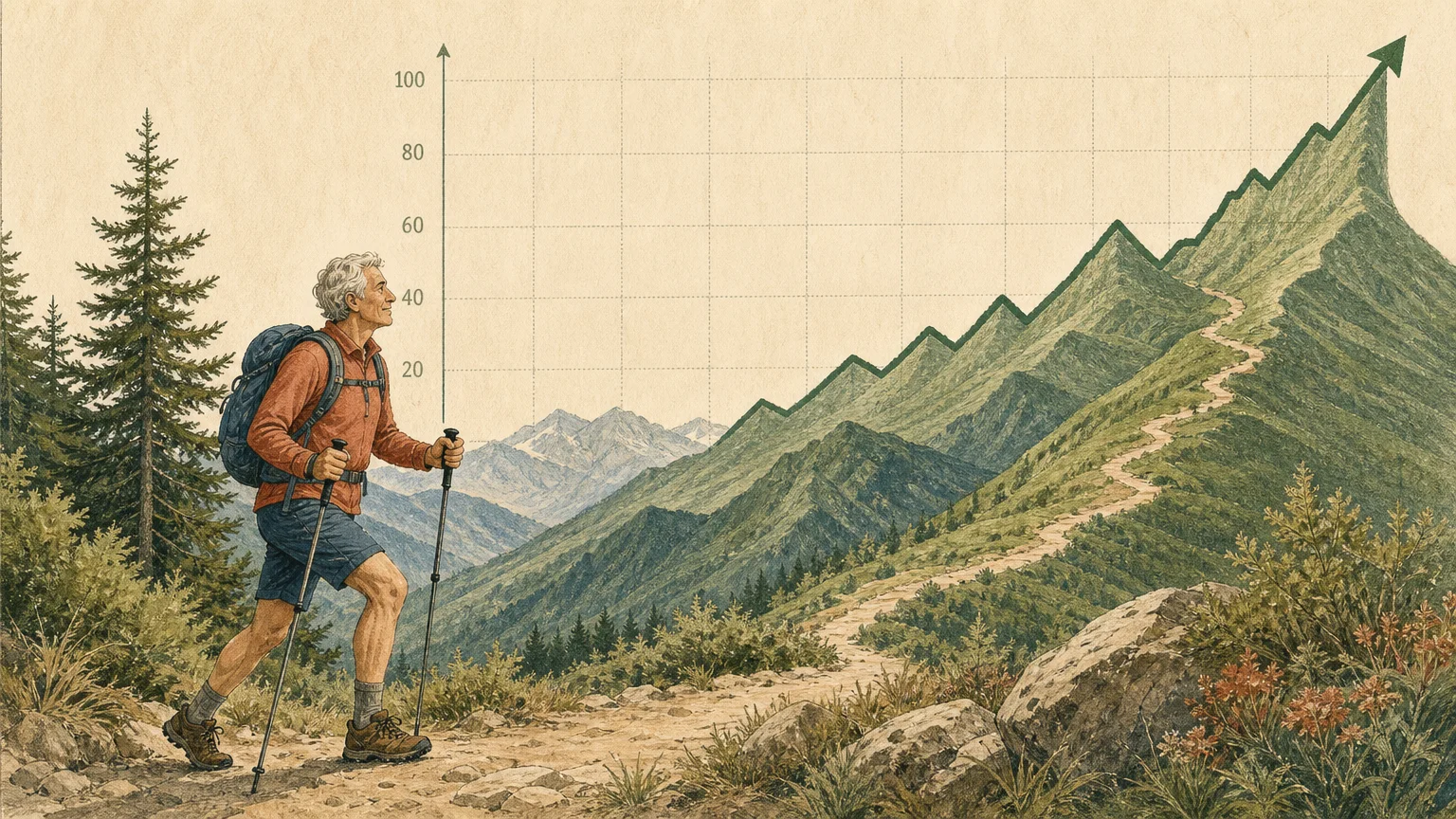 An editorial illustration of a senior hiker climbing a mountain trail that cleverly resembles a rising financial growth chart.