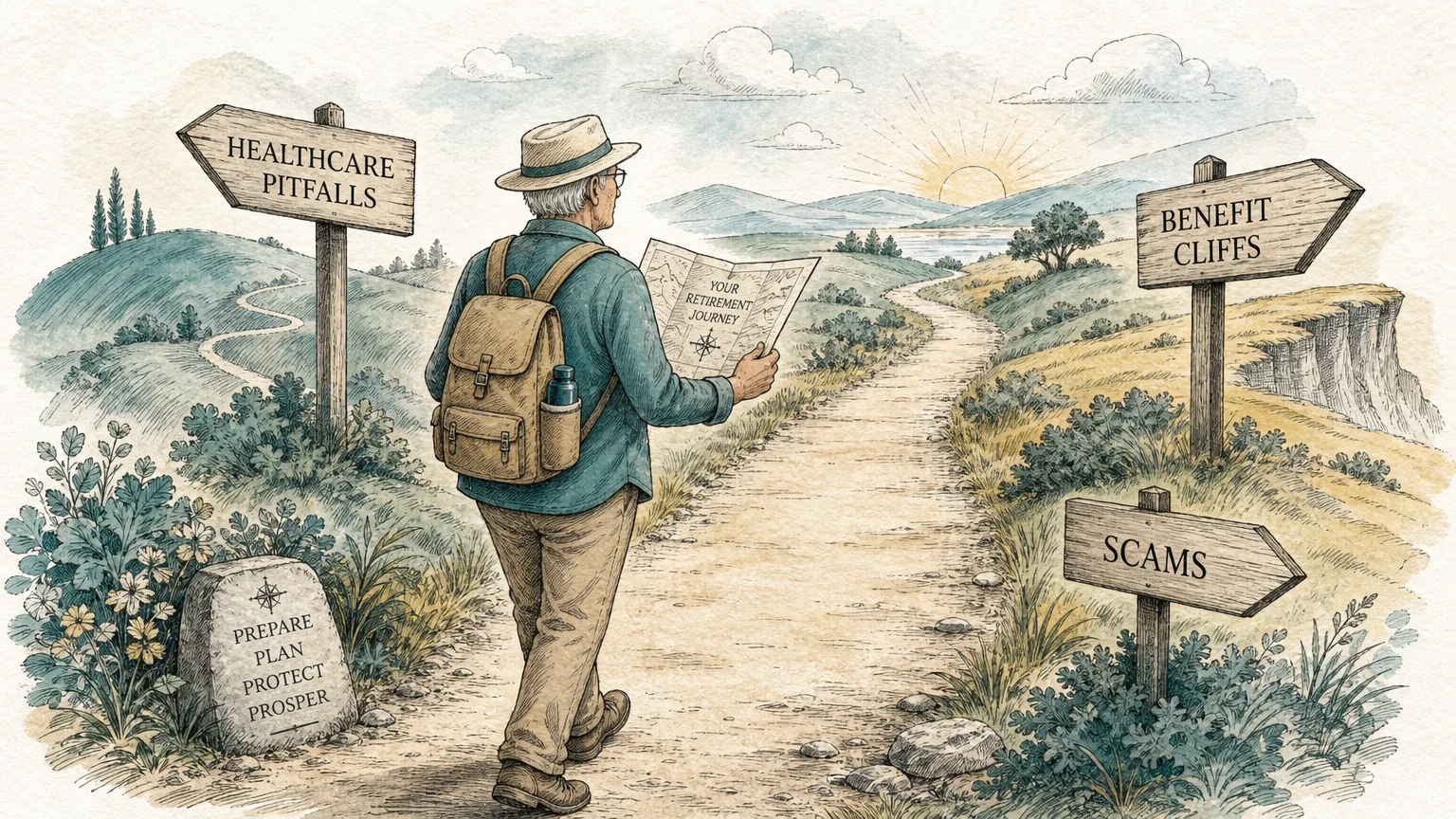 An editorial illustration of a senior walking a safe path with signposts pointing out healthcare pitfalls and scams.