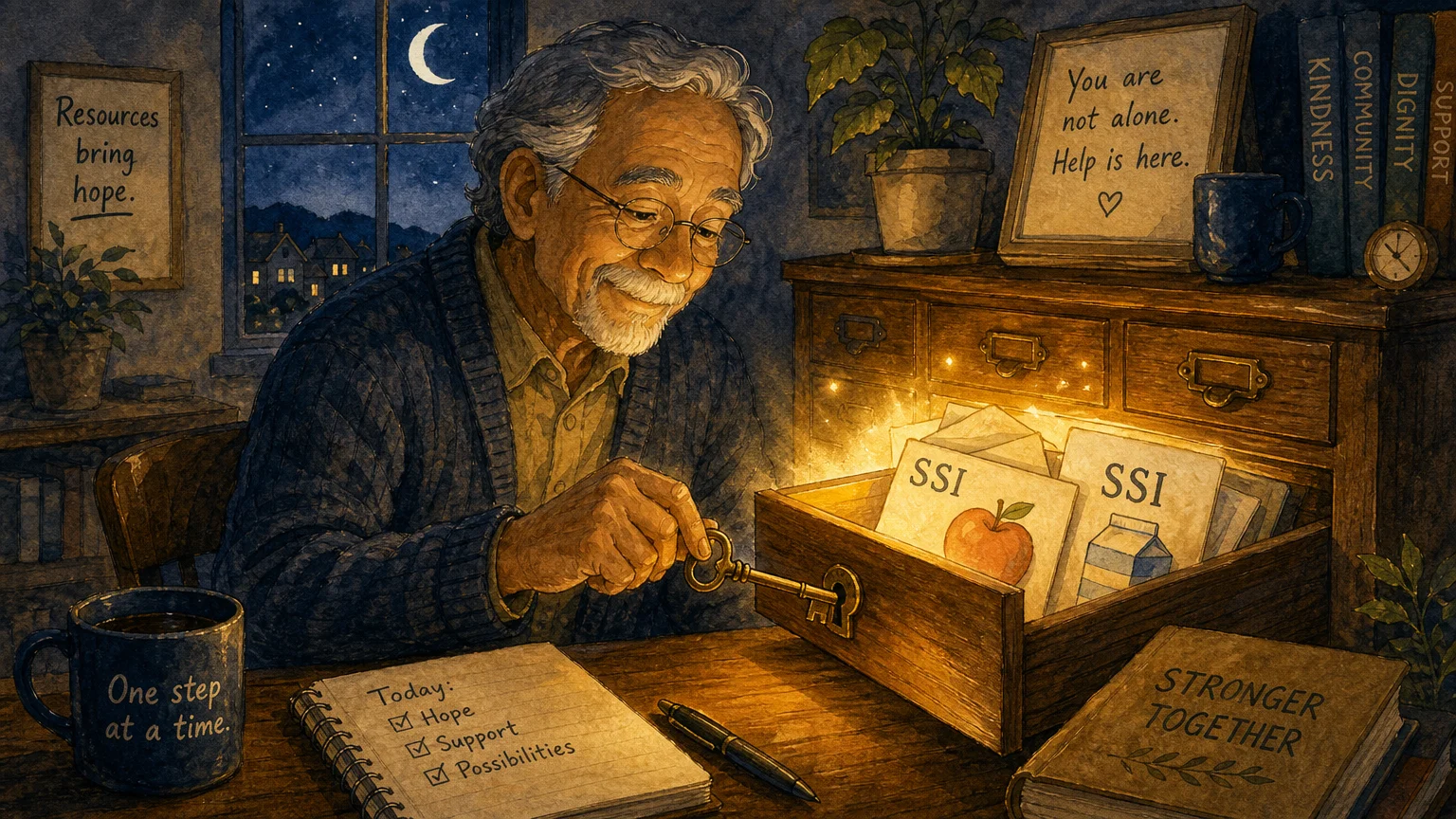 An editorial illustration of an older man unlocking a desk drawer that glows with golden light, revealing icons of SSI and food assistance.