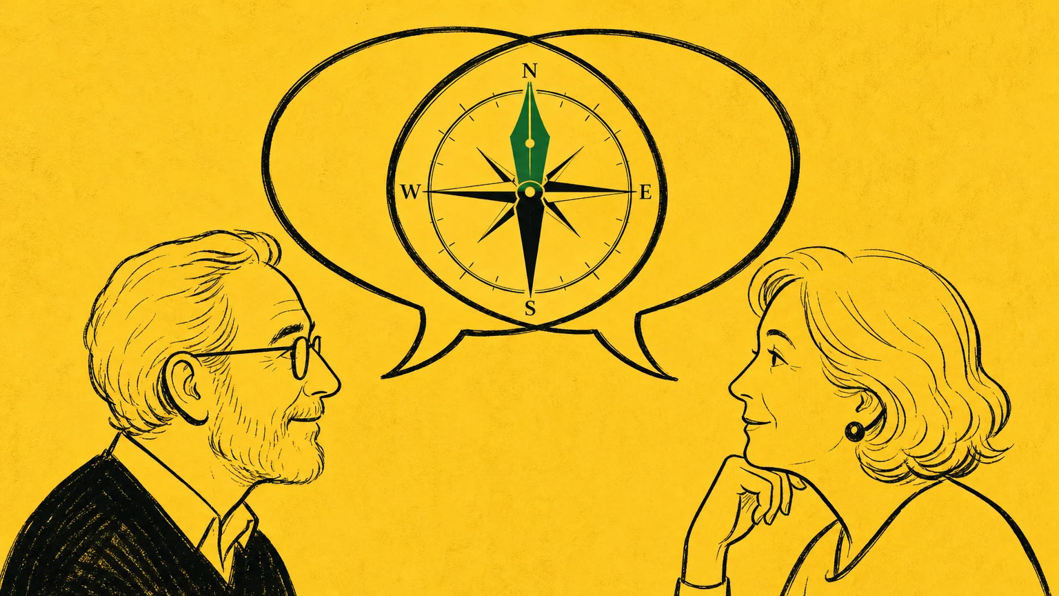 An editorial illustration of two profiles with merging speech bubbles forming a compass symbol, representing expert advice.