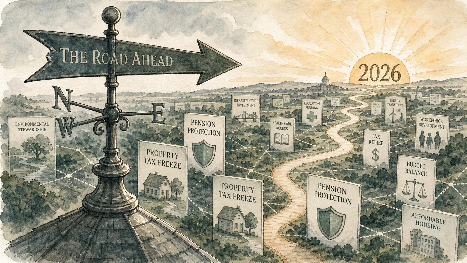 An editorial illustration showing a 2026 weather vane and floating panels representing property tax freezes and pension protection.