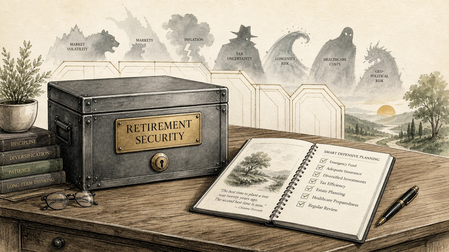 An editorial ink-and-watercolor illustration of a secure lockbox and checklist on a table, representing defense against financial scams.