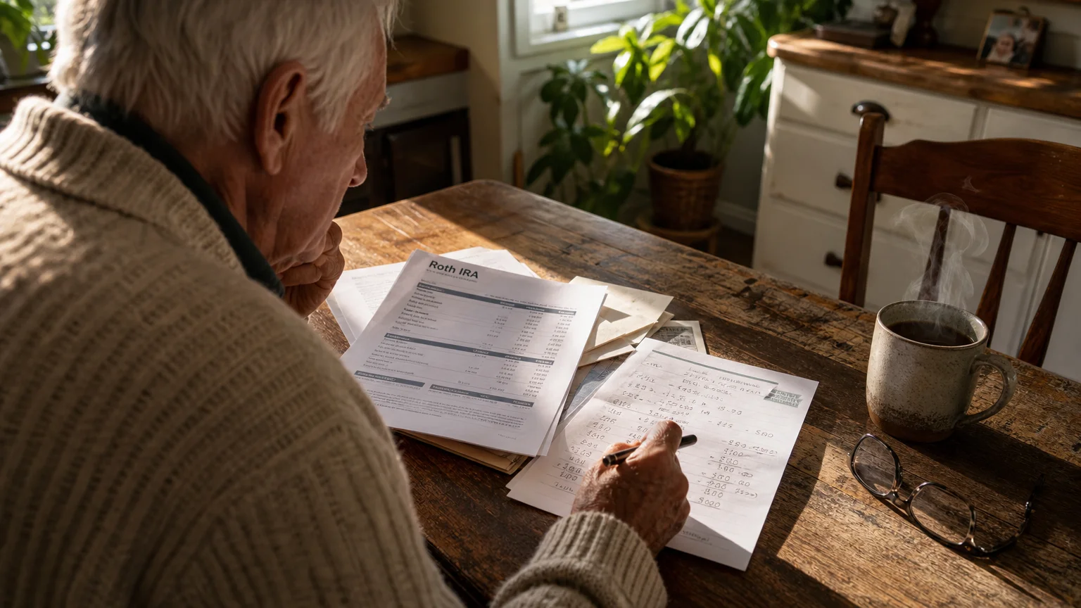 An everyday senior at a sunlit kitchen table organizing financial papers, with a Roth IRA statement visible on the desk.