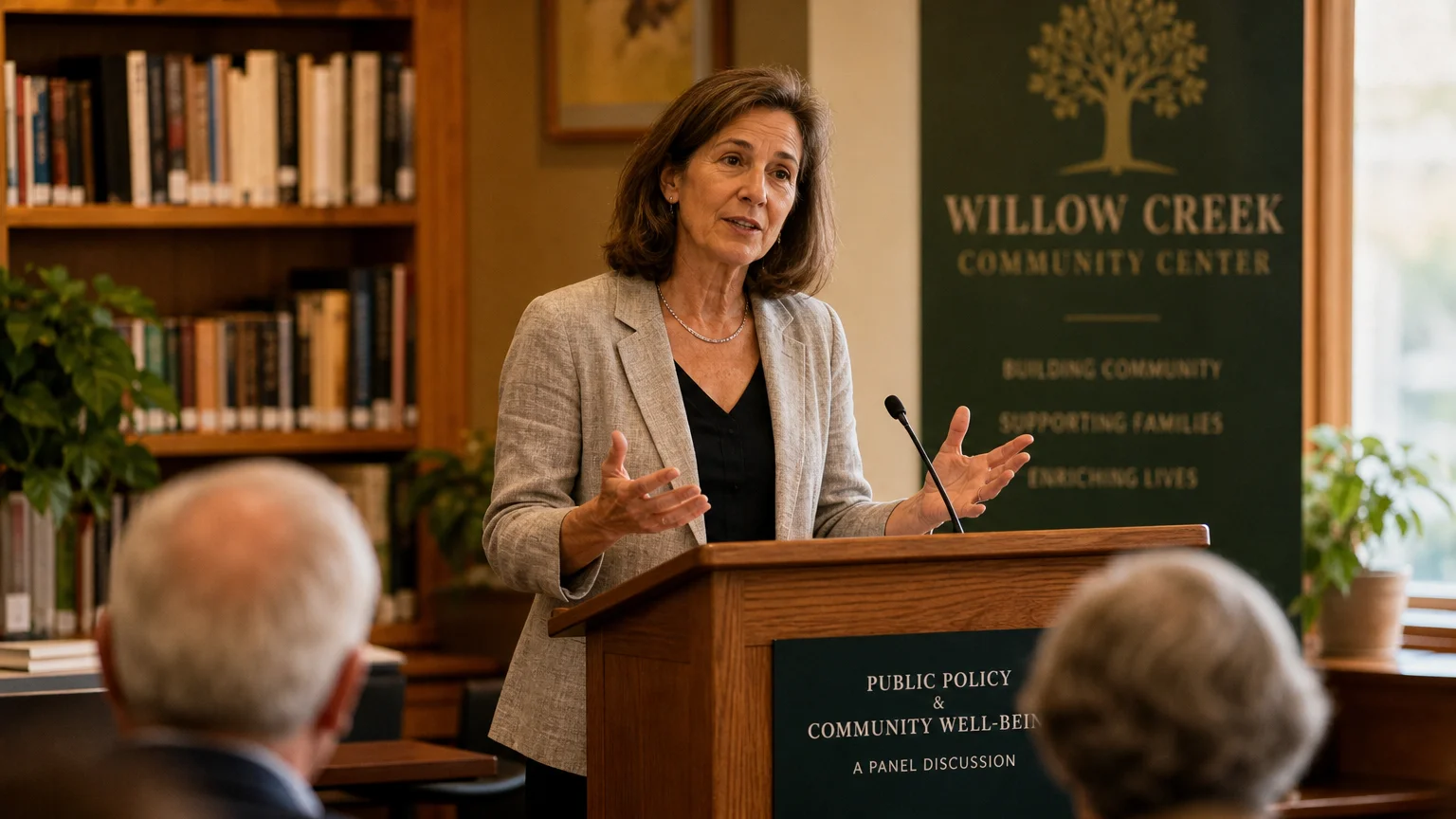 An expert speaking at a wooden podium in a warm, wood-paneled community room to an engaged audience of older adults.