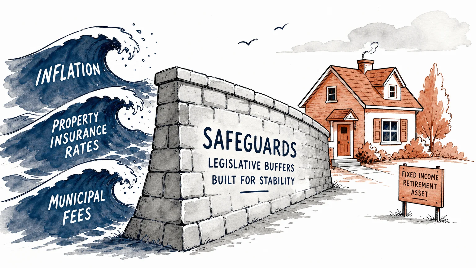 An illustration of a stone wall protecting a small house from waves labeled inflation and rising insurance rates.