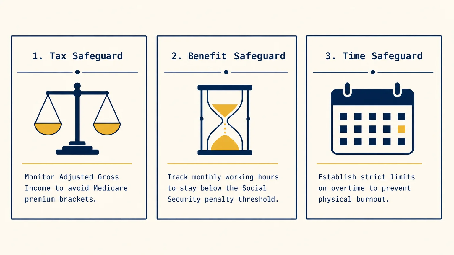 An informational diagram showing three steps for safeguarding retirement: Tax Safeguards, Benefit Safeguards, and Time Safeguards.