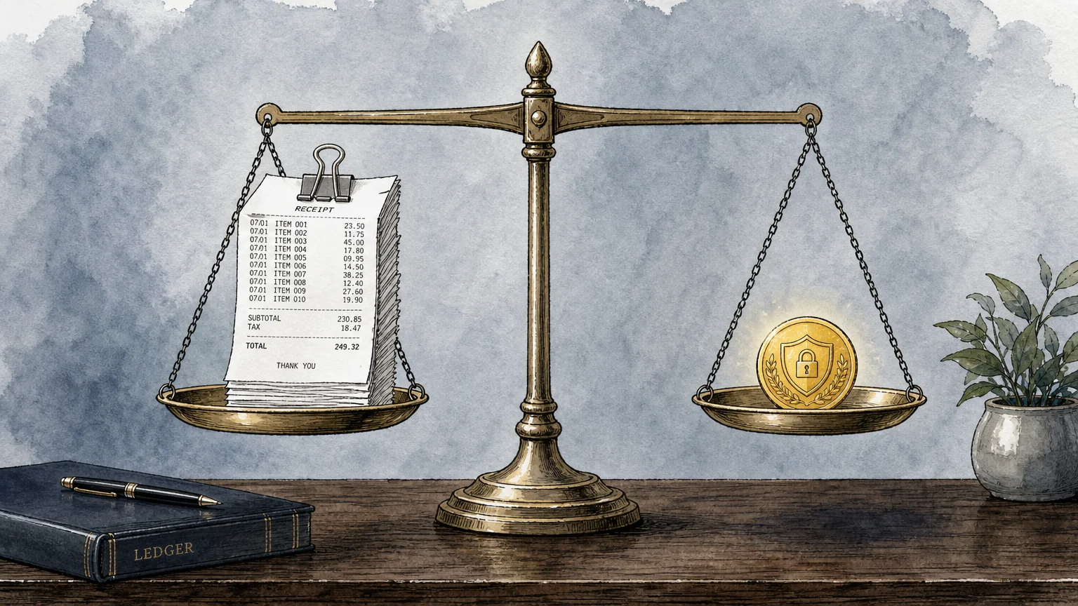 An ink and watercolor illustration of a brass scale balancing a neat stack of receipts with a single gold coin.