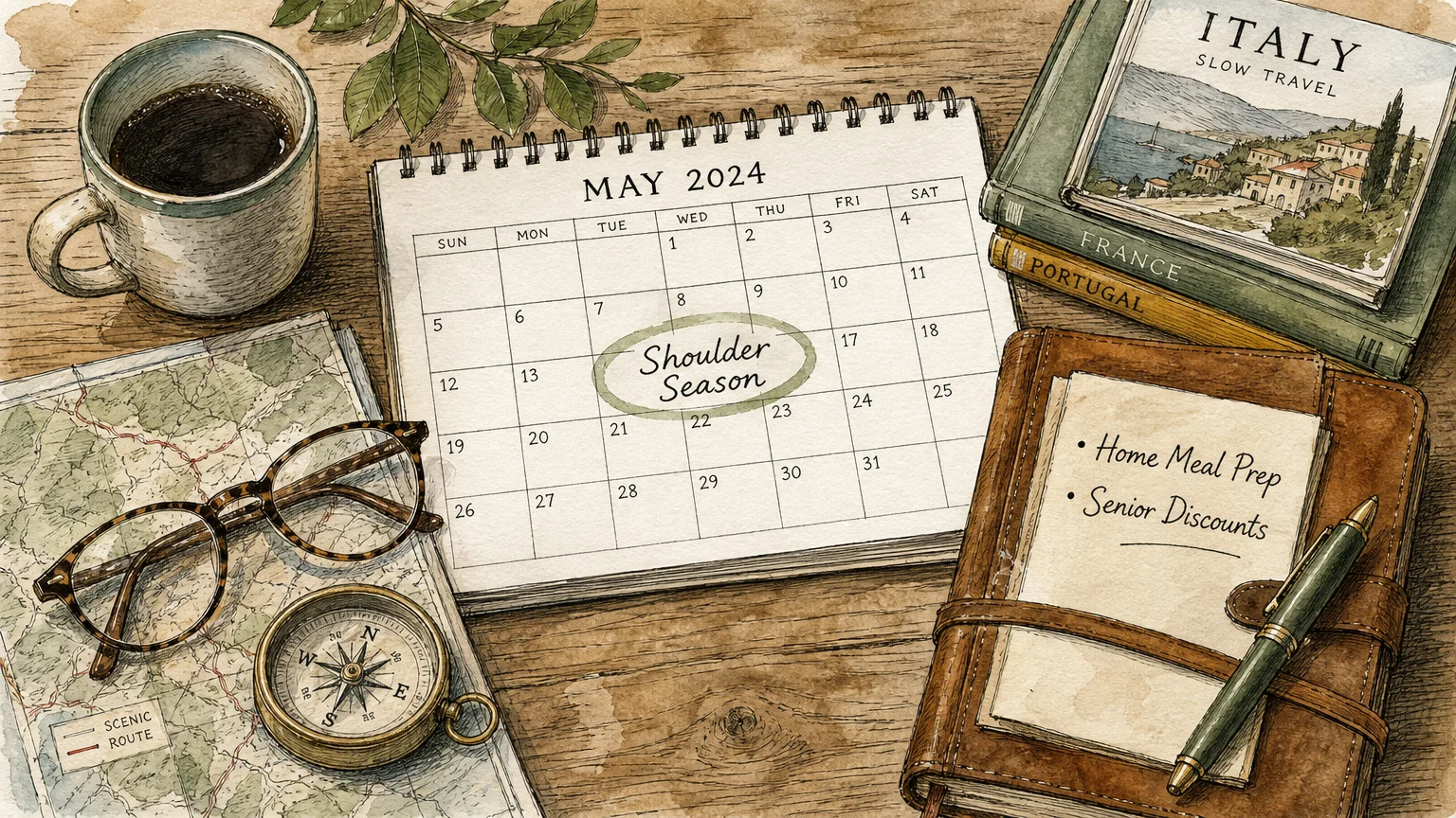 An ink and watercolor illustration of a desk layout with a calendar, travel strategy notebook, and road map.