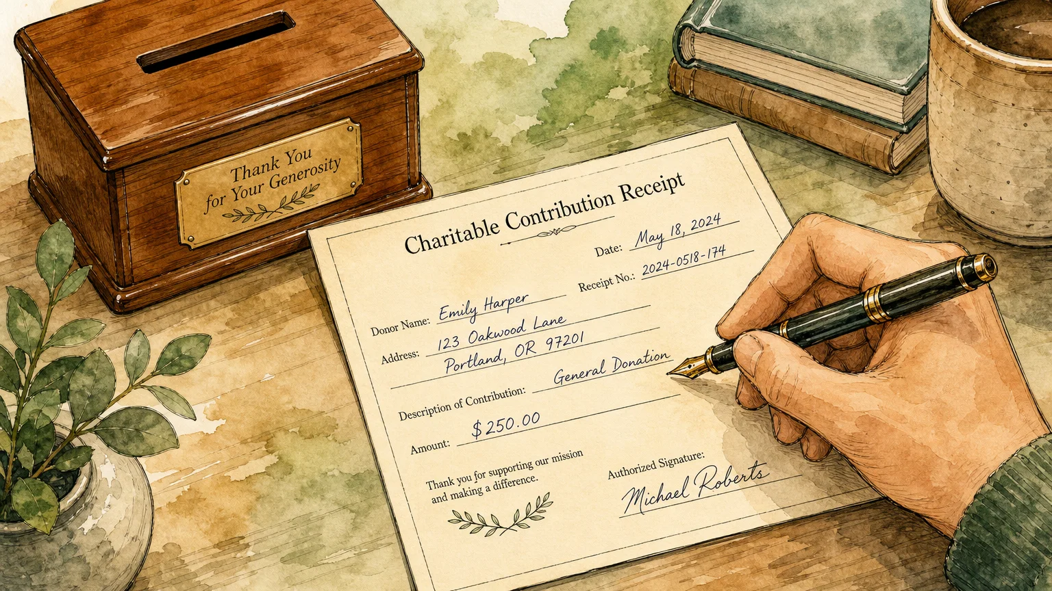 An ink and watercolor illustration of a hand writing out a charitable contribution receipt next to a wooden donation box.