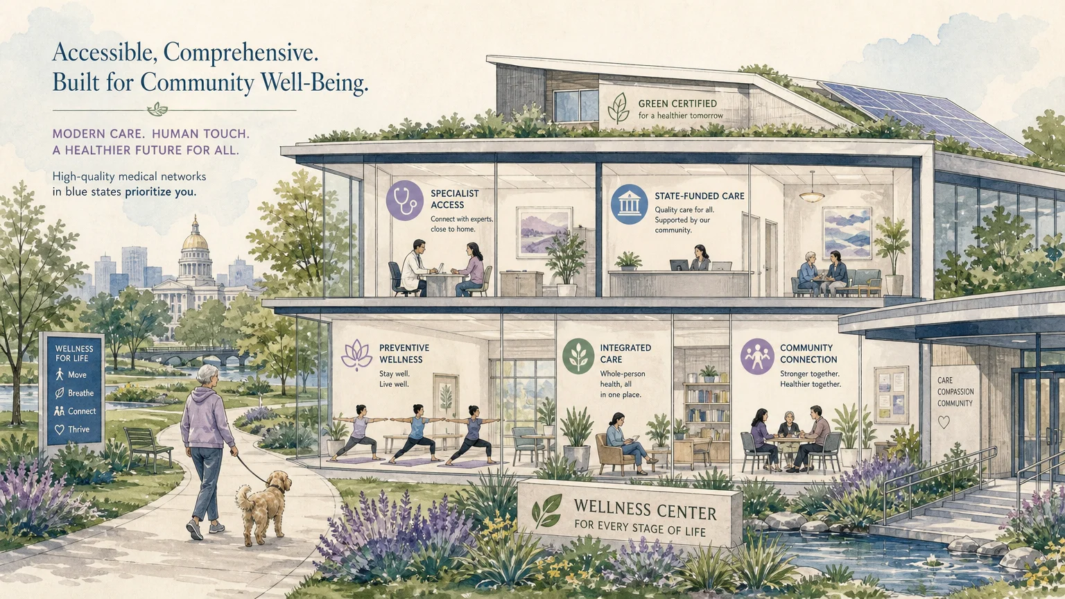 An ink and watercolor illustration of a modern medical wellness center surrounded by green space and walking paths.